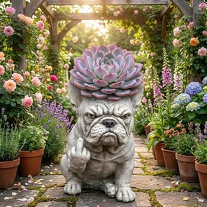 May include: A grey concrete bulldog statue with a succulent plant on its head, giving the middle finger. The statue is on a brick path, surrounded by potted plants and flowers. The succulent is a light purple colour.
