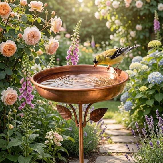 Vintage Copper Metal Bird Bath Stake – Outdoor Bird Feeder Bowl Garden Decor for Patio, Yard & Lawn