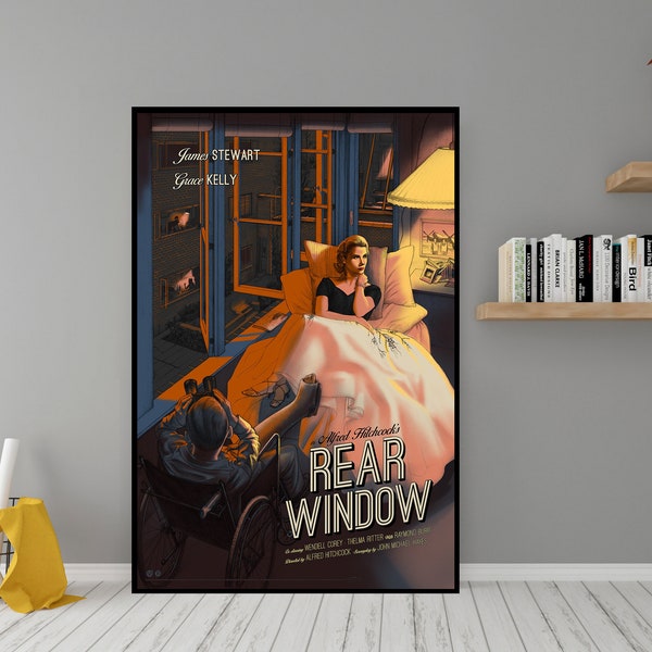 Póster de la película Rear Window - Arte de pared de lienzo de alta calidad - Decoración de la habitación - Alfred Hitchcock's Rear Window (1954) Impresión de póster para regalo