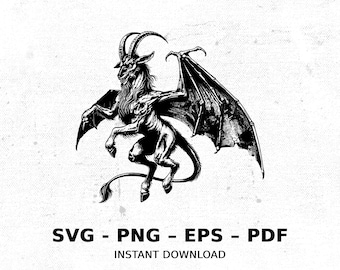 May include: Black and white illustration of a winged, horned creature with a goat-like head and a long tail. The creature is depicted in a dynamic pose, with its wings spread wide and its head turned to the side.