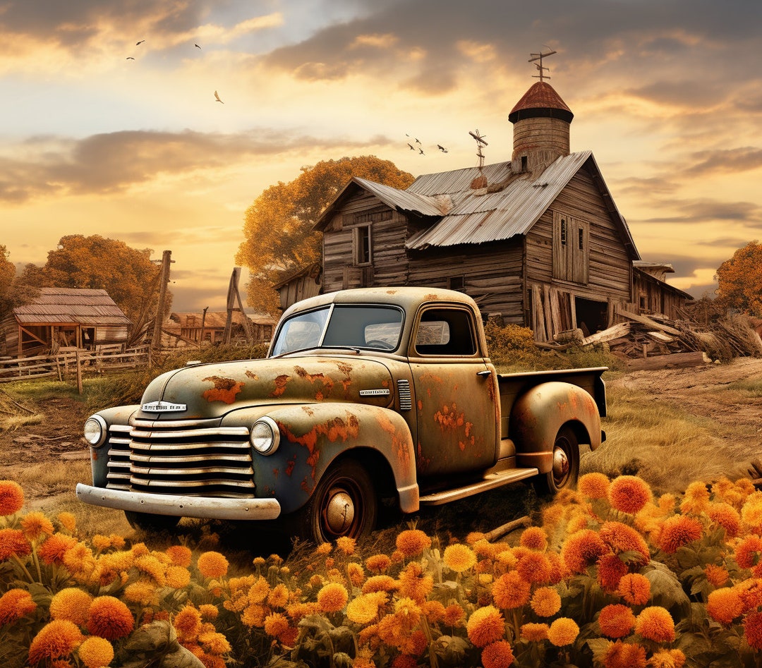 Old Farm Truck Rustic Barn Flowers PNG SVG Tumbler Printable ...