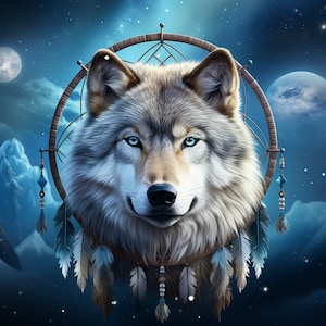 May include: A white wolf with blue eyes is framed by a brown dreamcatcher with blue and white feathers. The background is a dark blue night sky with stars and two moons.
