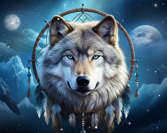 Wolf Dreamcatcher Moon PNG SVG Tumbler Printable Sublimation Digital Download Wind Spinner Mouse Pad Elk River Prints