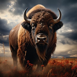 Puede incluir: Primer plano de un bisonte marrón grande con cuernos marrones oscuros. El bisonte está de pie en un campo de hierba alta con un cielo nublado en el fondo.