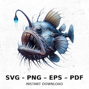 Ocean Anglerfish Deep Sea Fish SVG PNG Clipart | Sublimation Transparent Watercolor Cartoon Instant Download Elk River Prints Custom