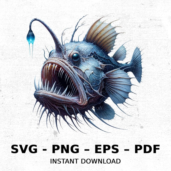 Ocean Anglerfish Deep Sea Fish SVG PNG Clipart | Sublimation Transparent Watercolor Cartoon Instant Download Elk River Prints Custom