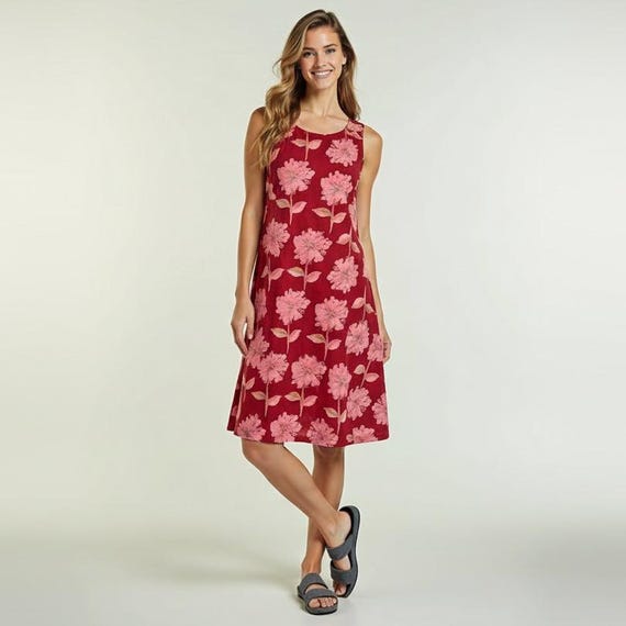 Floral Cotton Midi Dress Sleeveless A-Line Sundress Women Summer Dress Boho Cotton Dress Casual Vacation Outfit Lightweight Dress Gift