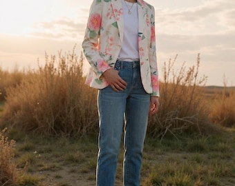 Linen Cotton Floral Blazer Women Elegant Summer Jacket Lightweight Tailored Blazer Spring Office Wear Mother’s Day Gift