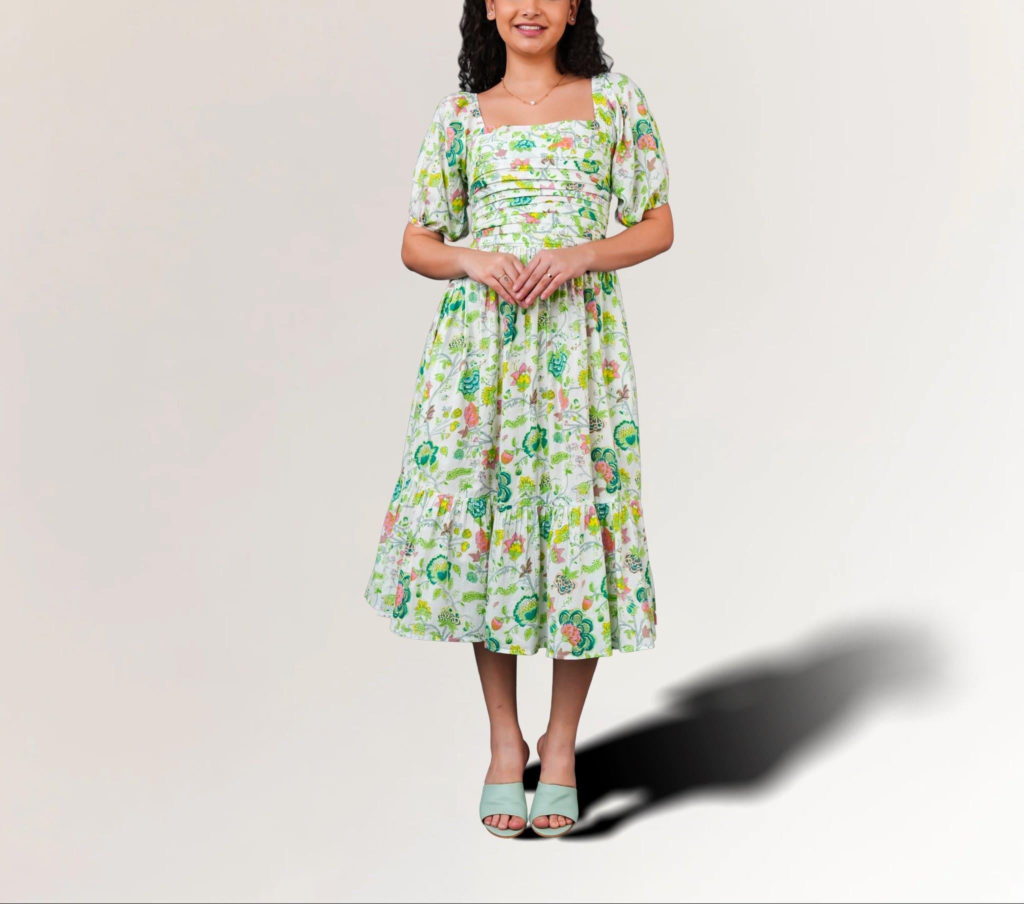 Green Floral Cotton Midi Dress