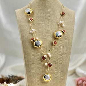 Dainty Pearl Necklace, Handmade Red Charm Necklace, Glass Beads Jewelry, Boho Jewelry, Gold Pearl Necklace, Vintage Jewelry, Classic Jewelry
