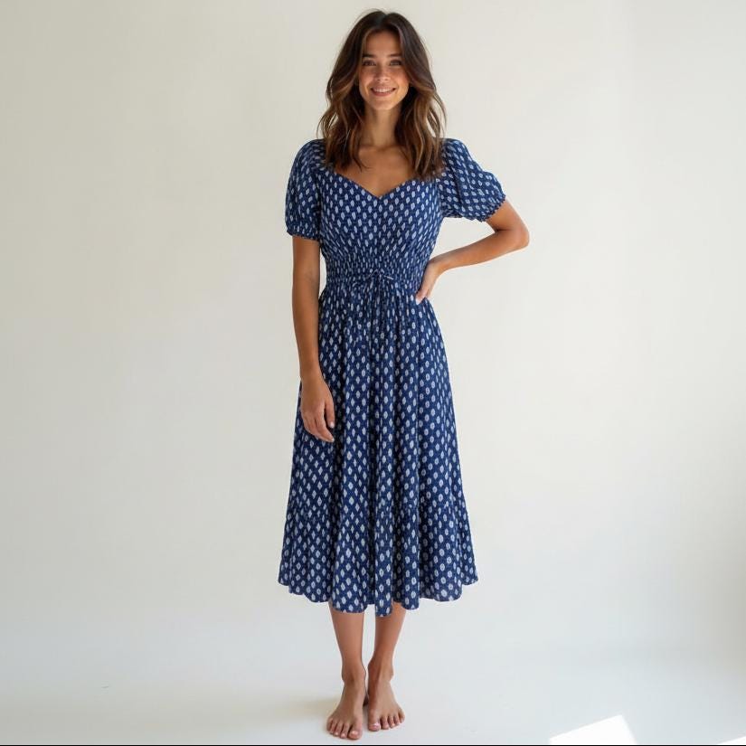 knee length dresses for ladies Printed Smocked V-Neck Three-Quarter Sleeve Midi Dress main image 0