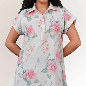 Linen Cotton Floral Shirt Dress Women, Button Down A Line Summer Dress, Casual Work Midi Dress, Lightweight Vacation Outfit Women