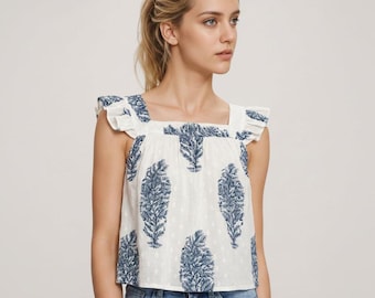 Floral Cotton Square Neck Top Women, Flutter Sleeve Summer Blouse, Button Down Cotton Top, Lightweight Boho Summer Shirt