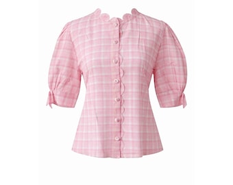 Organic Hand woven Cotton Blouse for Women, Scalloped Collar Cottagecore Top, Summer Puff Sleeve Blouse, Button Down Boho Shirt