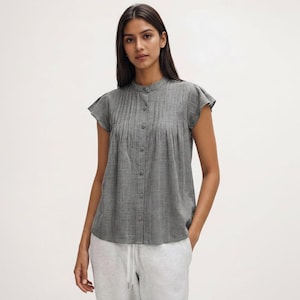 Handloom Cotton Grey Top Women, Flutter Sleeve Blouse, Micro Check Shirt, Lightweight Summer Top, Button Down Cotton Blouse, Casual Work Top
