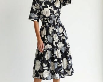 Cotton Floral Dress Women Button Down Shirt Dress, Summer Casual Smocked Waist Midi Dress, Breathable Cotton Dress, Mothers Day Gift for Her