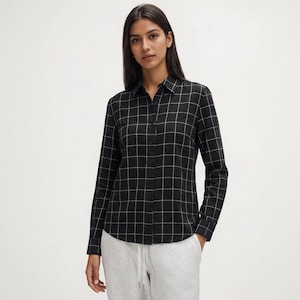 Black Checkered Shirt Women, Cotton Linen Button Down Shirt, Long Sleeve Work Blouse, Office Wear Shirt, Lightweight Casual Top Women
