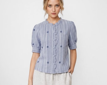 Biologische handgeweven katoenen blouse voor dames, cottagecore-top met geschulpte kraag, zomerblouse met pofmouwen, boho-shirt met knopen