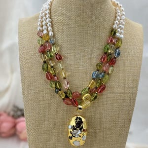 Multicolor Gemstone Pearl Necklace, Handmade Vintage Pearl Necklace, Baroque Pearl Pendant Necklace, Classic Jewelry, Statement Necklace