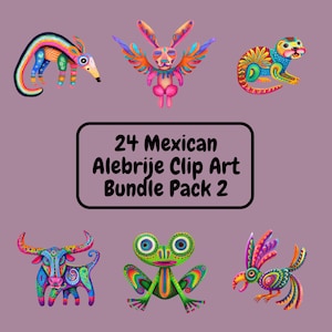 24 PNG Acrylic style Mexican Alebrije spirit animals clipart, digital download colorful project illustrations (Pack 2)