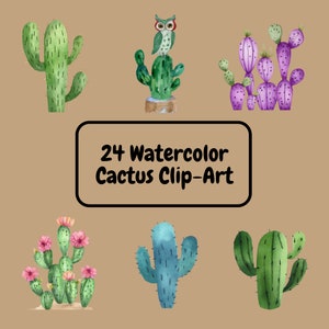 24 PNG clipart de cacto estilo aquarela, download digital, ilustrações coloridas de projetos.