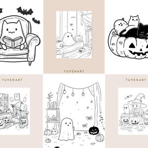 May include: Black and white Halloween-themed illustrations. A cat reads in a chair, a ghost sits near pumpkins, and a black cat rests on a carved pumpkin. Other images include a witch and ghosts. The text "TUYENART" appears.