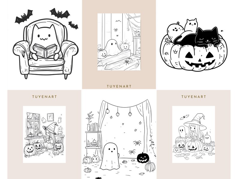 May include: Black and white Halloween-themed illustrations. A cat reads in a chair, a ghost sits near pumpkins, and a black cat rests on a carved pumpkin. Other images include a witch and ghosts. The text "TUYENART" appears.