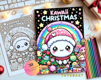 Kawaii Christmas Coloring Book, Xmas Santa Coloring Pages, Cute Kawaii, Kawaii Coloring, Digital Download, PDF Flie, Kawaii Noel