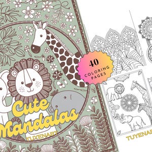 May include: A colouring book cover featuring a cute illustration of a lion, elephant, giraffe and hippo. The cover includes the text "Cute Mandalas" and "Tuyenart". The book contains 40 colouring pages.