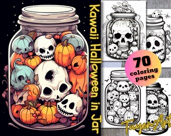 May include: A colorful illustration of a glass jar filled with Halloween-themed items, including pumpkins, skulls, and other spooky decorations. The jar is surrounded by a black background with stars. The text "Kawaii Halloween in Jar" is written vertically on the right side of the image.