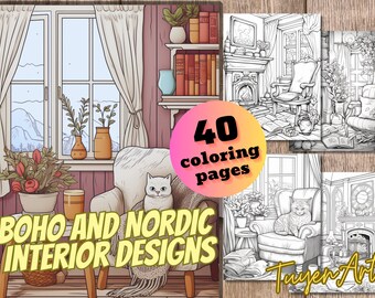 Boho and Nordic Interior Designs Coloring Book, Hygge Coloring Pages for Adults, Cozy Printable Pages for Relaxation, Instant Download