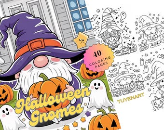 May include: A coloring book featuring 40 pages of Halloween gnomes. The cover shows a gnome wearing a purple hat and holding a jack-o-lantern. The text "Halloween Gnomes" is written in a whimsical font.