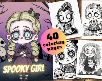 May include: A set of 40 coloring pages featuring spooky girl illustrations. The pages include images of girls with large eyes, dark hair, and gothic clothing. The text "Spooky Girl" is featured on the cover.