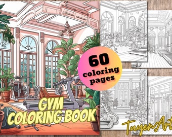 Gym Room Coloring Book,  Fitness House Interior Design, File PDF, Digital download