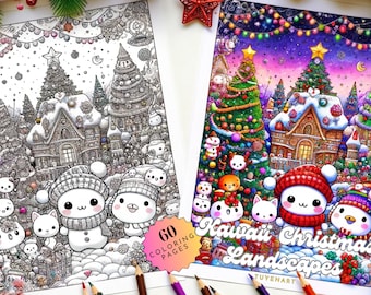 Kawaii Christmas Landscapes Coloring Book, Festive Sweets, Cute Kawaii, Kawaii Coloring Page for Adults and Kids, Instant Download, PDF File