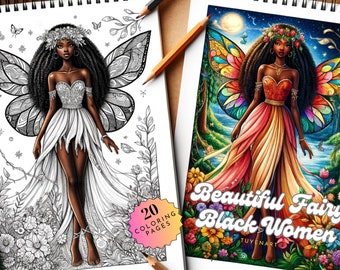 May include: A coloring book cover featuring a black woman with butterfly wings. The woman is wearing a flower crown and a flowing gown. The text on the cover reads "Beautiful Fairy Black Women" and "20 Coloring Pages".