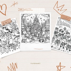 May include: Three black and white coloring pages featuring winter scenes with animals. The first page shows a group of birds on a branch with holly leaves. The second page shows a group of animals gathered around a Christmas tree. The third page shows a group of animals playing music in a snowy landscape.