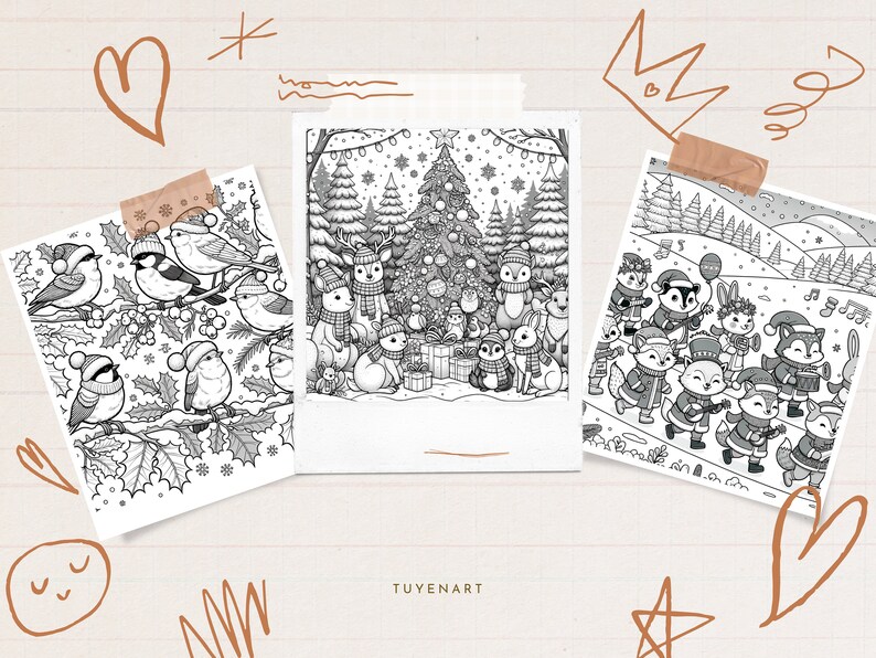 May include: Three black and white coloring pages featuring winter scenes with animals. The first page shows a group of birds on a branch with holly leaves. The second page shows a group of animals gathered around a Christmas tree. The third page shows a group of animals playing music in a snowy landscape.