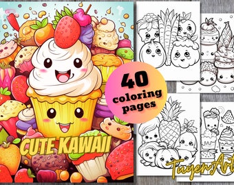 Cute Kawaii Coloring Book, Kawaii Summer Desserts Coloring Pages, Kawaii Gifts, Kawaii Food, Kawaii Coloring, Digital Download