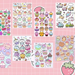 May include: A set of 10 sheets of colorful, cartoon-style stickers featuring cupcakes, donuts, and other sweet treats. The stickers are perfect for decorating planners, journals, and other items.