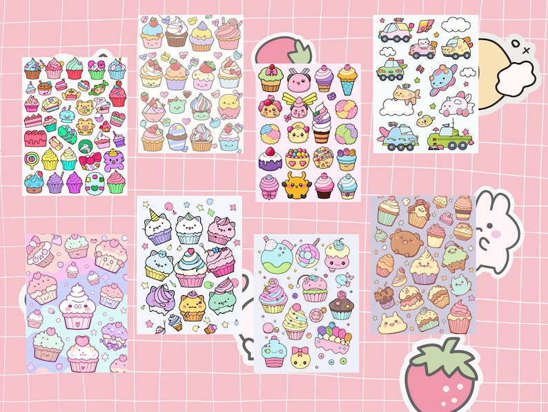 May include: A set of 10 sheets of colorful, cartoon-style stickers featuring cupcakes, donuts, and other sweet treats. The stickers are perfect for decorating planners, journals, and other items.