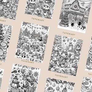 May include: A set of ten black and white printable coloring pages featuring winter holiday themes. The images include a variety of animals, including foxes, owls, deer, bunnies, and penguins. The images also include winter scenes, such as snowmen, Christmas trees, and houses.