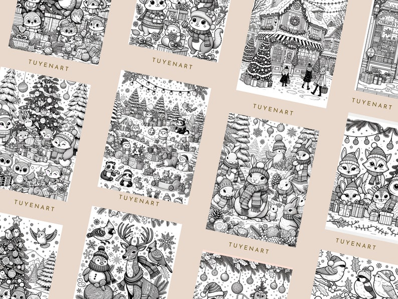 May include: A set of ten black and white printable coloring pages featuring winter holiday themes. The images include a variety of animals, including foxes, owls, deer, bunnies, and penguins. The images also include winter scenes, such as snowmen, Christmas trees, and houses.