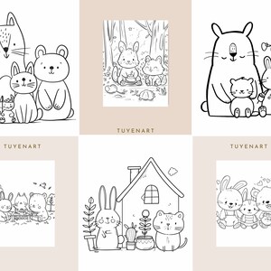 K&ouml;nnte beinhalten: Schwarz-wei&szlig;-Zeichnungen von verschiedenen Tierfamilien. Die Illustrationen zeigen eine Katzenfamilie, eine B&auml;renfamilie, eine Kaninchenfamilie und eine Katzen- und Kaninchenfamilie. Die Illustrationen sind einfach und niedlich und eignen sich perfekt zum Ausmalen oder f&uuml;r Gru&szlig;karten.