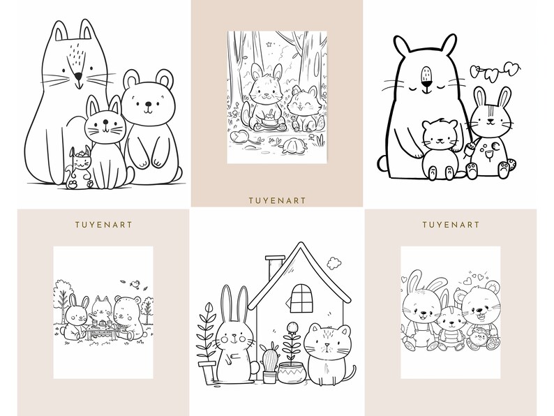 K&ouml;nnte beinhalten: Schwarz-wei&szlig;-Zeichnungen von verschiedenen Tierfamilien. Die Illustrationen zeigen eine Katzenfamilie, eine B&auml;renfamilie, eine Kaninchenfamilie und eine Katzen- und Kaninchenfamilie. Die Illustrationen sind einfach und niedlich und eignen sich perfekt zum Ausmalen oder f&uuml;r Gru&szlig;karten.