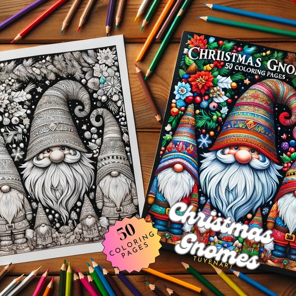 Christmas Gnomes Coloring Book, Xmas Gnome Coloring Pages, Grayscale Christmas Winter, Instant Download, PDF File, Coloring Sheets