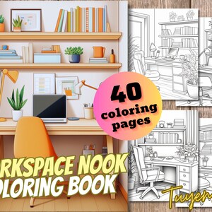 Puede incluir: Un libro para colorear con 40 páginas que presenta ilustraciones de un rincón de trabajo. La portada muestra una ilustración colorida de un escritorio con una computadora, una silla, una lámpara y plantas. El título del libro es "Workspace Nook Coloring Book".
