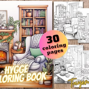 以下が含まれることがあります： 居心地の良いリビングルームのシーンが描かれた30ページの塗り絵。表紙には暖炉、快適なアームチェア、本棚、植物が描かれています。タイトル「HYGGE COLORING BOOK」は太字で表示されています。