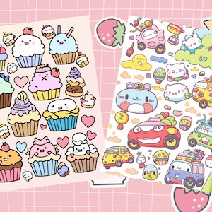 May include: Two sheets of stickers with a pink and white grid background. One sheet features colorful cupcakes with different frosting and toppings. The other sheet features cartoon characters in cars and buses.