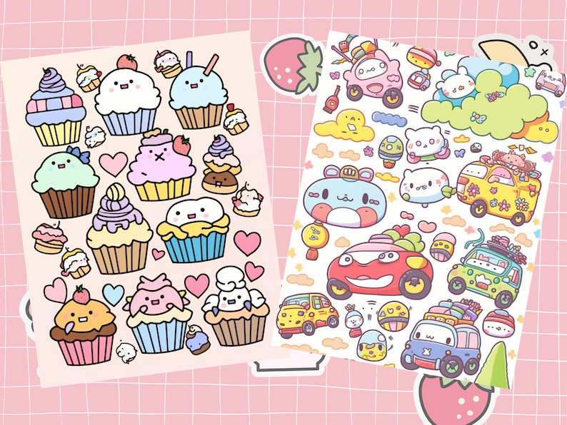 May include: Two sheets of stickers with a pink and white grid background. One sheet features colorful cupcakes with different frosting and toppings. The other sheet features cartoon characters in cars and buses.
